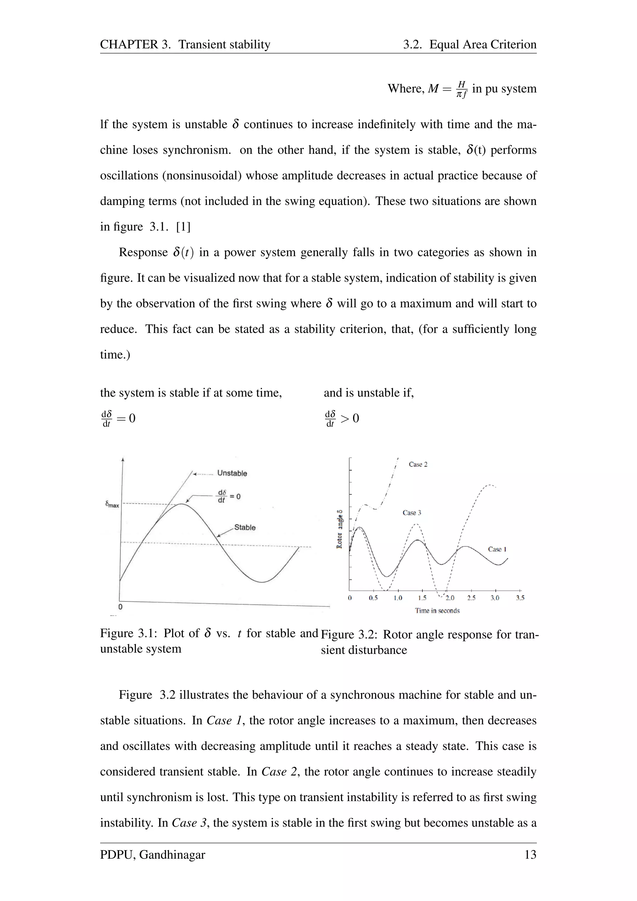 CHAPTER 3. Transient stability 3.2. Equal Area Criterion
Where, M = H
π f in pu system
lf the system is unstable δ continues to increase indeﬁnitely with time and the ma-
chine loses synchronism. on the other hand, if the system is stable, δ(t) performs
oscillations (nonsinusoidal) whose amplitude decreases in actual practice because of
damping terms (not included in the swing equation). These two situations are shown
in ﬁgure 3.1. [1]
Response δ(t) in a power system generally falls in two categories as shown in
ﬁgure. It can be visualized now that for a stable system, indication of stability is given
by the observation of the ﬁrst swing where δ will go to a maximum and will start to
reduce. This fact can be stated as a stability criterion, that, (for a sufﬁciently long
time.)
the system is stable if at some time,
dδ
dt = 0
and is unstable if,
dδ
dt > 0
Figure 3.1: Plot of δ vs. t for stable and
unstable system
Figure 3.2: Rotor angle response for tran-
sient disturbance
Figure 3.2 illustrates the behaviour of a synchronous machine for stable and un-
stable situations. In Case 1, the rotor angle increases to a maximum, then decreases
and oscillates with decreasing amplitude until it reaches a steady state. This case is
considered transient stable. In Case 2, the rotor angle continues to increase steadily
until synchronism is lost. This type on transient instability is referred to as ﬁrst swing
instability. In Case 3, the system is stable in the ﬁrst swing but becomes unstable as a
PDPU, Gandhinagar 13
 