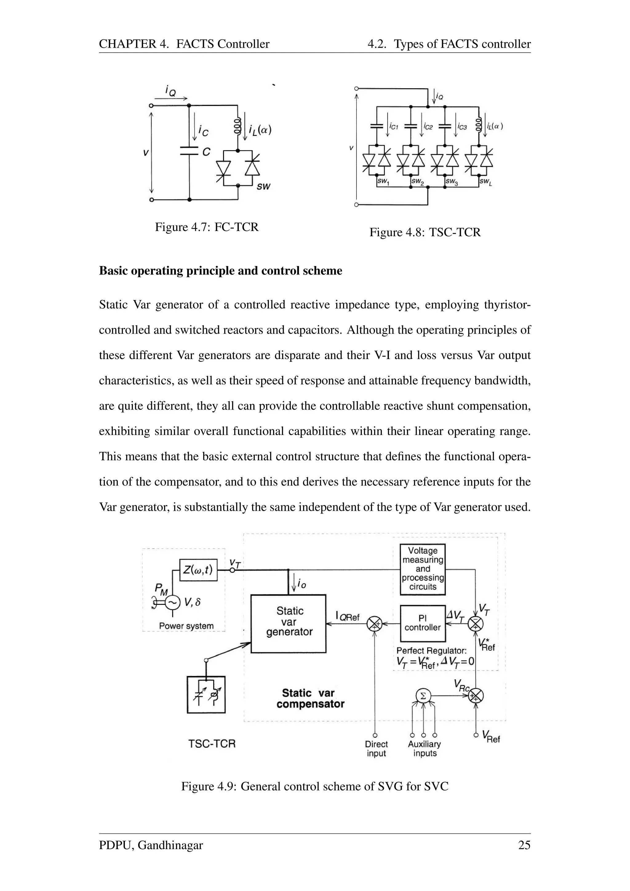 CHAPTER 4. FACTS Controller 4.2. Types of FACTS controller
Figure 4.7: FC-TCR Figure 4.8: TSC-TCR
Basic operating principle and control scheme
Static Var generator of a controlled reactive impedance type, employing thyristor-
controlled and switched reactors and capacitors. Although the operating principles of
these different Var generators are disparate and their V-I and loss versus Var output
characteristics, as well as their speed of response and attainable frequency bandwidth,
are quite different, they all can provide the controllable reactive shunt compensation,
exhibiting similar overall functional capabilities within their linear operating range.
This means that the basic external control structure that deﬁnes the functional opera-
tion of the compensator, and to this end derives the necessary reference inputs for the
Var generator, is substantially the same independent of the type of Var generator used.
Figure 4.9: General control scheme of SVG for SVC
PDPU, Gandhinagar 25
 