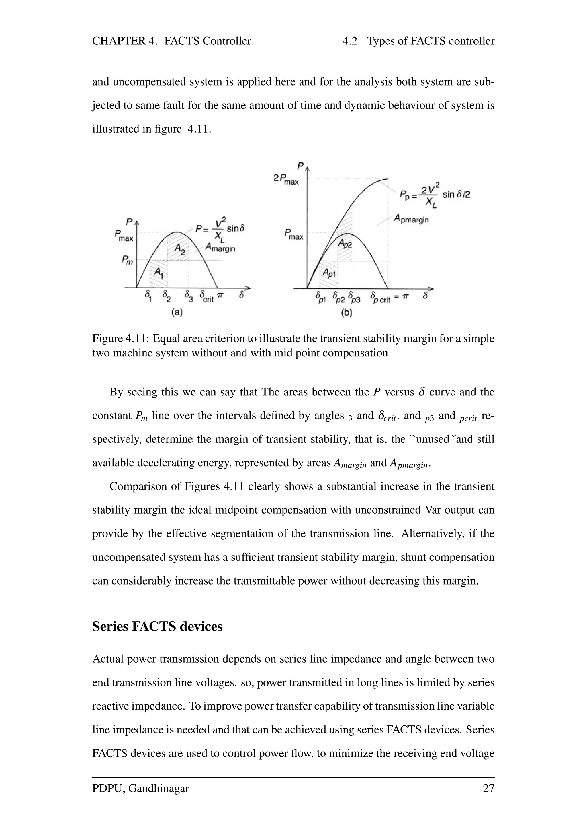 CHAPTER 4. FACTS Controller 4.2. Types of FACTS controller
and uncompensated system is applied here and for the analysis both system are sub-
jected to same fault for the same amount of time and dynamic behaviour of system is
illustrated in ﬁgure 4.11.
Figure 4.11: Equal area criterion to illustrate the transient stability margin for a simple
two machine system without and with mid point compensation
By seeing this we can say that The areas between the P versus δ curve and the
constant Pm line over the intervals deﬁned by angles 3 and δcrit, and p3 and pcrit re-
spectively, determine the margin of transient stability, that is, the ``unused´´and still
available decelerating energy, represented by areas Amargin and Apmargin.
Comparison of Figures 4.11 clearly shows a substantial increase in the transient
stability margin the ideal midpoint compensation with unconstrained Var output can
provide by the effective segmentation of the transmission line. Alternatively, if the
uncompensated system has a sufﬁcient transient stability margin, shunt compensation
can considerably increase the transmittable power without decreasing this margin.
Series FACTS devices
Actual power transmission depends on series line impedance and angle between two
end transmission line voltages. so, power transmitted in long lines is limited by series
reactive impedance. To improve power transfer capability of transmission line variable
line impedance is needed and that can be achieved using series FACTS devices. Series
FACTS devices are used to control power ﬂow, to minimize the receiving end voltage
PDPU, Gandhinagar 27
 