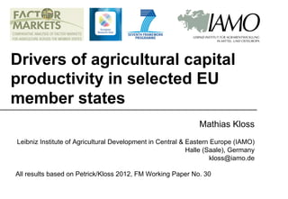 Drivers of agricultural capital
productivity in selected EU
member states
Mathias Kloss
Leibniz Institute of Agricultural Development in Central & Eastern Europe (IAMO)
Halle (Saale), Germany
kloss@iamo.de
All results based on Petrick/Kloss 2012, FM Working Paper No. 30
 