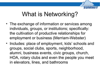 What is Networking?
• The exchange of information or services among
individuals, groups, or institutions; specifically:
th...