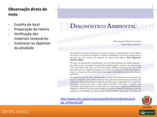 Seres vivos
Observação direta do
meio
- Escolha do local
- Preparação do roteiro
- Verificação dos
materiais necessários
- Esclarecer os objetivos
da atividade
http://www.cdcc.usp.br/maomassa/doc/ensinodeciencias/d
iag_ambiental.pdf
 