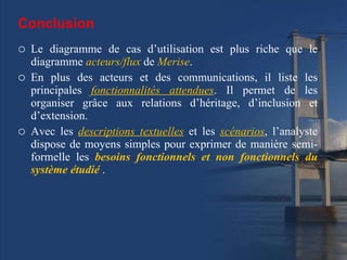 Conclusion Le diagramme de cas d’utilisation est plus riche que le diagramme  acteurs/flux  de  Merise .  En plus des acteurs et des communications, il liste les principales  fonctionnalités attendues . Il permet de les organiser grâce aux relations d’héritage, d’inclusion et d’extension.  Avec les  descriptions textuelles   et les  scénarios , l’analyste dispose de moyens simples pour exprimer de manière semi-formelle les  besoins fonctionnels et non fonctionnels du système étudié  . 