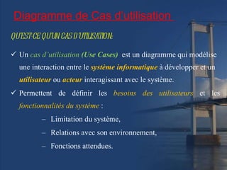 Diagramme de Cas d’utilisation  QU’EST-CE QU’UN CAS D’UTILISATION: Un  cas d’utilisation  (Use Cases)  est un diagramme qui modélise une interaction entre le  système informatique  à développer et un  utilisateur  ou  acteur  interagissant avec le système. Permettent de définir les  besoins des utilisateurs  et les  fonctionnalités du système  : Limitation du système, Relations avec son environnement,  Fonctions attendues.  
