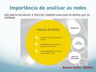 Importância de analisar as redes
NÃO BASTA SÓ MEDIR; É PRECISO TAMBÉM ANALISAR AS REDES QUE SE
FORMAM.
Barbara Coelho - #EdTech
 