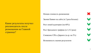 Какие результаты получил
рекламодатель после
размещения на Главной
странице?
Низкая стоимость размещения
Звонки/Заявки на сайте (в 2 раза больше)
Рост новой аудитории (на 60%)
Рост брендового трафика (в 1,5-2 раза)
Снижение СРА в Директе (в ср. на 5%)
Возможность оценки результатов
25
 