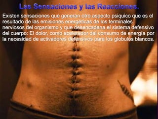 Las Sensaciones y lasReacciones.Existensensacionesquegeneranotroaspectopsiquicoquees el resultado de lasemisionesenergéticas de los terminalesnerviosos del organismo y quedesencadena el sistemadefensivo del cuerpo: El dolor, comoaceleradordel consumo de energíapor la necesidad de activadoresdefensivospara los globulosblancos.