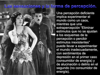 Las sensacionesy la forma de percepción.Una percepción deficiente implica experimentar el mundo como un caos, mientras que una extrapercepción “Eliminar estímulos que no se ajustan a los esquemas de la percepción o percibir estímulos inexistentes” puede llevar a experimentar el mundo inadecuadamente, con sentimientos de depresión en el primer caso (consumidor de energía) y de alucinación o delirio en el segundo (no consumidor de energía).