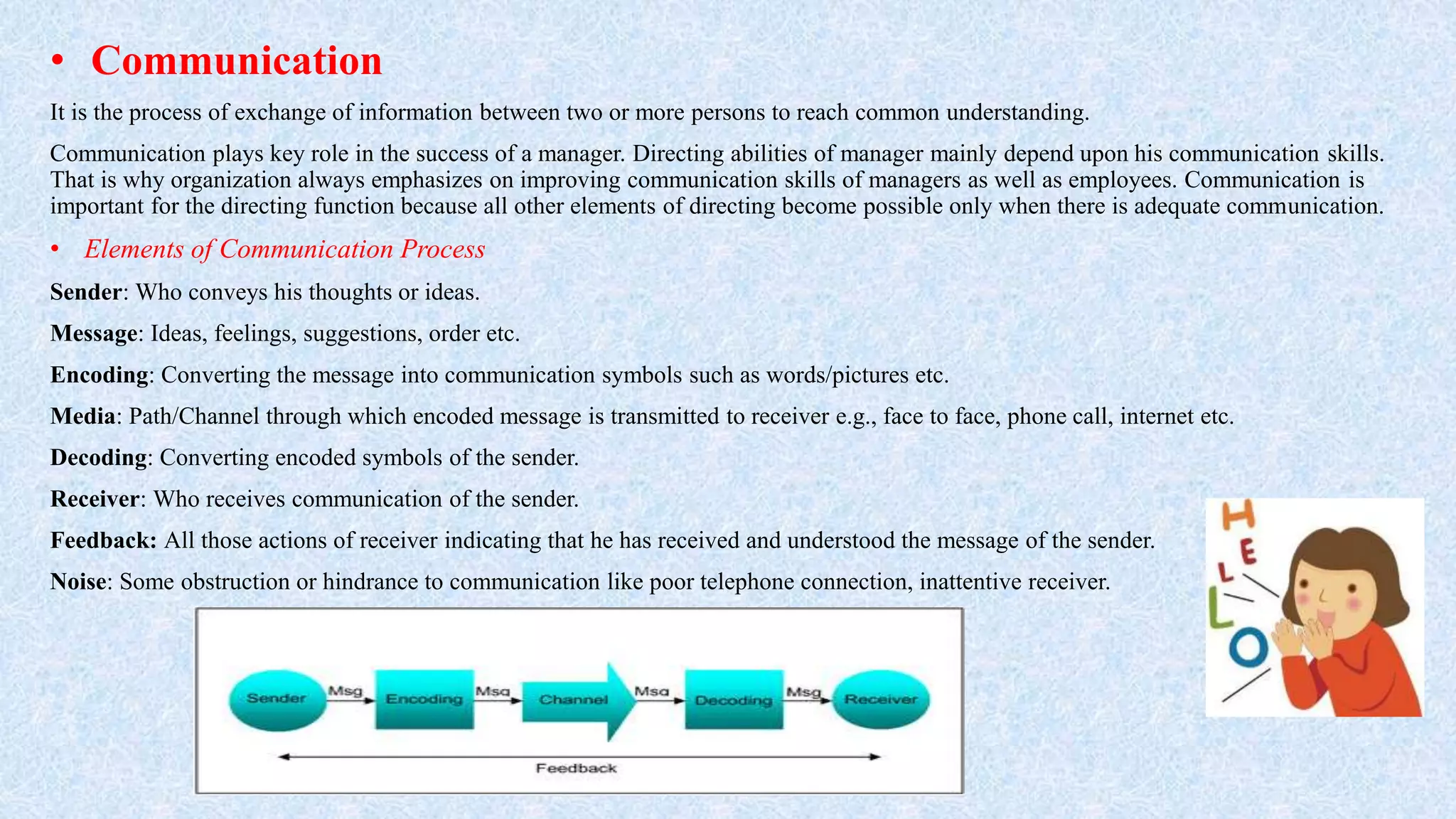 • Communication
It is the process of exchange of information between two or more persons to reach common understanding.
Communication plays key role in the success of a manager. Directing abilities of manager mainly depend upon his communication skills.
That is why organization always emphasizes on improving communication skills of managers as well as employees. Communication is
important for the directing function because all other elements of directing become possible only when there is adequate communication.
• Elements of Communication Process
Sender: Who conveys his thoughts or ideas.
Message: Ideas, feelings, suggestions, order etc.
Encoding: Converting the message into communication symbols such as words/pictures etc.
Media: Path/Channel through which encoded message is transmitted to receiver e.g., face to face, phone call, internet etc.
Decoding: Converting encoded symbols of the sender.
Receiver: Who receives communication of the sender.
Feedback: All those actions of receiver indicating that he has received and understood the message of the sender.
Noise: Some obstruction or hindrance to communication like poor telephone connection, inattentive receiver.
 