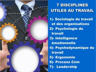 77 DDIISSCCIIPPLLIINNEESS 
UUTTIILLEESS AAUU TTRRAAVVAAIILL 
1)- Sociologie du travail 
et des organisations 
2)- Psychologie du 
travail 
3)- Intelligence 
émotionnelle 
4)- Psychodynamique du 
travail 
5)- Ergonomie 
6)- Process Com 
7)- Leadership 
 