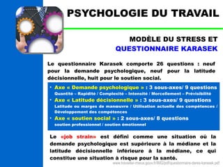 PSYCHOLOGIE DU TRAVAIL 
MODÈLE DU STRESS ET 
QUESTIONNAIRE KARASEK 
Le questionnaire Karasek comporte 26 questions : neuf 
pour la demande psychologique, neuf pour la latitude 
décisionnelle, huit pour le soutien social. 
● Axe « Demande psychologique » : 3 sous-axes/ 9 questions 
Quantité – Rapidité / Complexité – Intensité / Morcellement – Prévisibilité 
● Axe « Latitude décisionnelle » : 3 sous-axes/ 9 questions 
Latitude ou marges de manoeuvre / Utilisation actuelle des compétences / 
Développement des compétences 
● Axe « soutien social » : 2 sous-axes/ 8 questions 
soutien professionnel / soutien émotionnel 
Le «job strain» est défini comme une situation où la 
demande psychologique est supérieure à la médiane et la 
latitude décisionnelle inférieure à la médiane, ce qui 
constitue une situation à risque pour la santé. 
www.travailler-mieux.gouv.fr/IMG/pdf/questionnaire-dares-karasek.pdf 
 