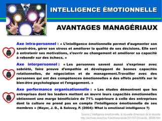 IINNTTEELLLLIIGGEENNCCEE ÉÉMMOOTTIIOONNNNEELLLLEE 
AVANTAGES MANAGÉRIAUX 
Axe intra-personnel : « L’intelligence émotionnelle permet d’augmenter son 
savoir-être, gérer son stress et améliorer la qualité de ses décisions. Elle sert 
à entretenir ses motivations, s’ouvrir au changement et améliorer sa capacité 
à rebondir sur des échecs. » 
Axe interpersonnel : « Les personnes savent aussi s’exprimer avec 
sobriété, faire preuve d’empathie et développent de bonnes capacités 
relationnelles, de négociation et de management.Travailler avec des 
personnes qui ont des compétences émotionnelles a des effets positifs sur le 
bien-être psychologique et l’engagement. » 
Axe performance organisationnelle : « Les études démontrent que les 
entreprises dont les leaders mettent en oeuvre leurs capacités émotionnelles 
obtiennent une marge bénéficiaire de 71% supérieure à celle des entreprises 
dont la culture ne prend pas en compte l’intelligence émotionnelle de ses 
membres » (Mayer, J. D., & Salovey, P. (2004): What is emotional intelligence ?) 
Source:L’intelligence émotionnelle, la nouvelle dimension de la réussite 
http://archives.lesechos.fr/archives/cercle/2011/07/20/cercle_36546.htm 
 
