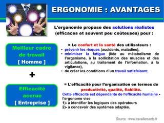 EERRGGOONNOOMMIIEE :: AAVVAANNTTAAGGEESS 
L'ergonomie propose des solutions réalistes 
(efficaces et souvent peu coûteuses) pour : 
Source : www.travaillersante.fr 
Meilleur cadre 
de travail 
[ Homme ] 
+ 
Efficacité 
accrue 
[ Entreprise ] 
= Le confort et la santé des utilisateurs : 
● prévenir les risques (accidents, maladies), 
● minimiser la fatigue (liée au métabolisme de 
l’organisme, à la sollicitation des muscles et des 
articulations, au traitement de l’information, à la 
vigilance), 
● de créer les conditions d’un travail satisfaisant. 
= L'efficacité pour l'organisation en termes de 
productivité, qualité, fiabilité. 
Cette efficacité est dépendante de l'efficacité humaine - 
l'ergonome vise 
1)- à identifier les logiques des opérateurs 
2)- à concevoir des systèmes adaptés. 
 