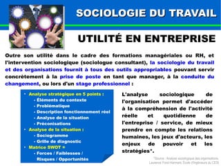 SSOOCCIIOOLLOOGGIIEE DDUU TTRRAAVVAAIILL 
UTILITÉ EN ENTREPRISE 
Outre son utilité dans le cadre des formations managériales ou RH, et 
l'intervention sociologique (sociologue consultant), la sociologie du travail 
et des organisations fournit à tous des outils appropriables pouvant servir 
concrètement à la prise de poste en tant que manager, à la conduite du 
changement, ou lors d'un stage professionnel : 
L'analyse sociologique de 
l'organisation permet d'accéder 
à la compréhension de l'activité 
réelle et quotidienne de 
l'entreprise / service, de mieux 
prendre en compte les relations 
humaines, les jeux d'acteurs, les 
enjeux de pouvoir et les 
stratégies*. 
*Source : Analyse sociologique des organisations, 
Laurence Fond-Harmant, École d'Ingénieurs du CESI 
● Analyse stratégique en 5 points : 
- Éléments du contexte 
- Problématique 
- Description fonctionnement réel 
- Analyse de la situation 
- Préconisations 
● Analyse de la situation : 
- Sociogramme 
- Grille de diagnostic 
● Matrice SWOT = 
- Forces / Faiblesses / 
Risques / Opportunités 
 
