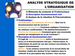 ANALYSE STRATÉGIQUE DE 
L'ORGANISATION 
1) Éléments du contexte 2) Problématique 
3) Description fonctionnement réel 
4) Analyse de la situation 5) Préconisations 
 Problématique : 
Formalisation des pratiques de travail : Quel est le 
fonctionnement réel du service ? 
Existence de tensions : Comment expliquer l'existence 
de relations conflictuelles ? De dysfonctionnements ? 
Gestion du changement : Comment gérer une éventuelle 
gestion du changement au vu de l'existant ? 
 Description du fonctionnement réel : 
Il s'agit de repérer les écarts entre le fonctionnement 
prévu et le fonctionnement réel par : l'observation, la 
sollicitation du point de vue des acteurs eux-mêmes, le 
rapport d'étonnement. 
Définir : 1) les acteurs concernés 2) le travail (fiche de 
fonction/ réalité des tâches) 3) les relations dans le 
collectif 4) la perception des acteurs / leur service. 
 