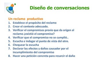 Diseño de conversaciones
Un reclamo productivo
1. Establece el propósito del reclamo
2. Crear el contexto adecuado.
3. Verificar el compromisos previo que da origen al
reclamo ¿existió el compromiso?
4. Verificar que el compromiso no se cumplió..
5. Escucha e indagar el punto de vista del otro.
6. Chequear la escucha
7. Declarar los efectos y daños causador por el
incumplimiento del compromiso
8. Hacer una petición concreta para resarcir el daño

 