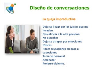 Diseño de conversaciones
La queja improductiva
Dejarse llevar por los juicios que me
invaden.
Descalificar a la otra personaNo escuchar
Dejarse atrapar por emociones
tóxicas.
Hacer acusaciones en base a
supociones
Tomarlo personal.
Amenazar
Ponerse violento.

 