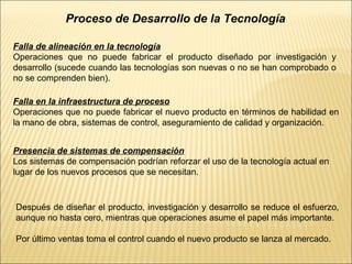 Proceso de Desarrollo de la Tecnología Falla de alineación en la tecnología Operaciones que no puede fabricar el producto diseñado por investigación y desarrollo (sucede cuando las tecnologías son nuevas o no se han comprobado o no se comprenden bien). Falla en la infraestructura de proceso Operaciones que no puede fabricar el nuevo producto en términos de habilidad en la mano de obra, sistemas de control, aseguramiento de calidad y organización. Presencia de sistemas de compensación Los sistemas de compensación podrían reforzar el uso de la tecnología actual en lugar de los nuevos procesos que se necesitan. Después de diseñar el producto, investigación y desarrollo se reduce el esfuerzo, aunque no hasta cero, mientras que operaciones asume el papel más importante. Por último ventas toma el control cuando el nuevo producto se lanza al mercado. 