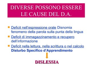 DIVERSE POSSONO ESSERE
LE CAUSE DEL D.A.
 Deficit nell’espressione orale Disnomia
fenomeno della parola sulla punta della lingua
 Deficit di immagazzinamento e recupero
dell’informazione
 Deficit nella lettura, nella scrittura o nel calcolo
Disturbo Specifico d’Apprendimento
DISLESSIADISLESSIA
 