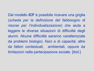 Dal modello ICF è possibile ricavare una griglia
(scheda per la definizione del fabbisogno di
risorse per l’individualizzazione) che aiuta a
leggere le diverse situazioni di difficoltà degli
alunni. Alcune difficoltà saranno caratterizzate
da problemi biologici, fisici e di capacità; altre
da fattori contestuali, ambientali, oppure da
limitazioni nella partecipazione sociale. [ibid.]
 