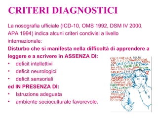 La nosografia ufficiale (ICD-10, OMS 1992, DSM IV 2000,
APA 1994) indica alcuni criteri condivisi a livello
internazionale:
Disturbo che si manifesta nella difficoltà di apprendere a
leggere e a scrivere in ASSENZA DI:
• deficit intellettivi
• deficit neurologici
• deficit sensoriali
ed IN PRESENZA DI:
• Istruzione adeguata
• ambiente socioculturale favorevole.
CRITERI DIAGNOSTICI
 
