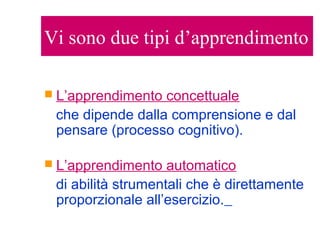 Vi sono due tipi d’apprendimento
 L’apprendimento concettuale
che dipende dalla comprensione e dal
pensare (processo cognitivo).
 L’apprendimento automatico
di abilità strumentali che è direttamente
proporzionale all’esercizio.
 