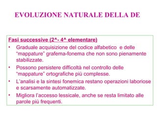 Fasi successive (2^- 4^ elementare)
• Graduale acquisizione del codice alfabetico e delle
“mappature” grafema-fonema che non sono pienamente
stabilizzate.
• Possono persistere difficoltà nel controllo delle
“mappature” ortografiche più complesse.
• L’analisi e la sintesi fonemica restano operazioni laboriose
e scarsamente automatizzate.
• Migliora l’accesso lessicale, anche se resta limitato alle
parole più frequenti.
EVOLUZIONE NATURALE DELLA DE
 