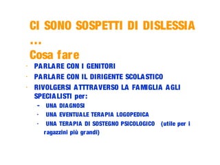 CI SONO SOSPETTI DI DISLESSIA
…
Cosa fare
- PARLARE CON I GENITORI
- PARLARE CON IL DIRIGENTE SCOLASTICO
- RIVOLGERSI ATTTRAVERSO LA FAMIGLIA AGLI
SPECIALISTI per:
– UNA DIAGNOSI
- UNA EVENTUALE TERAPIA LOGOPEDICA
- UNA TERAPIA DI SOSTEGNO PSICOLOGICO (utile per i
ragazzini più grandi)
 