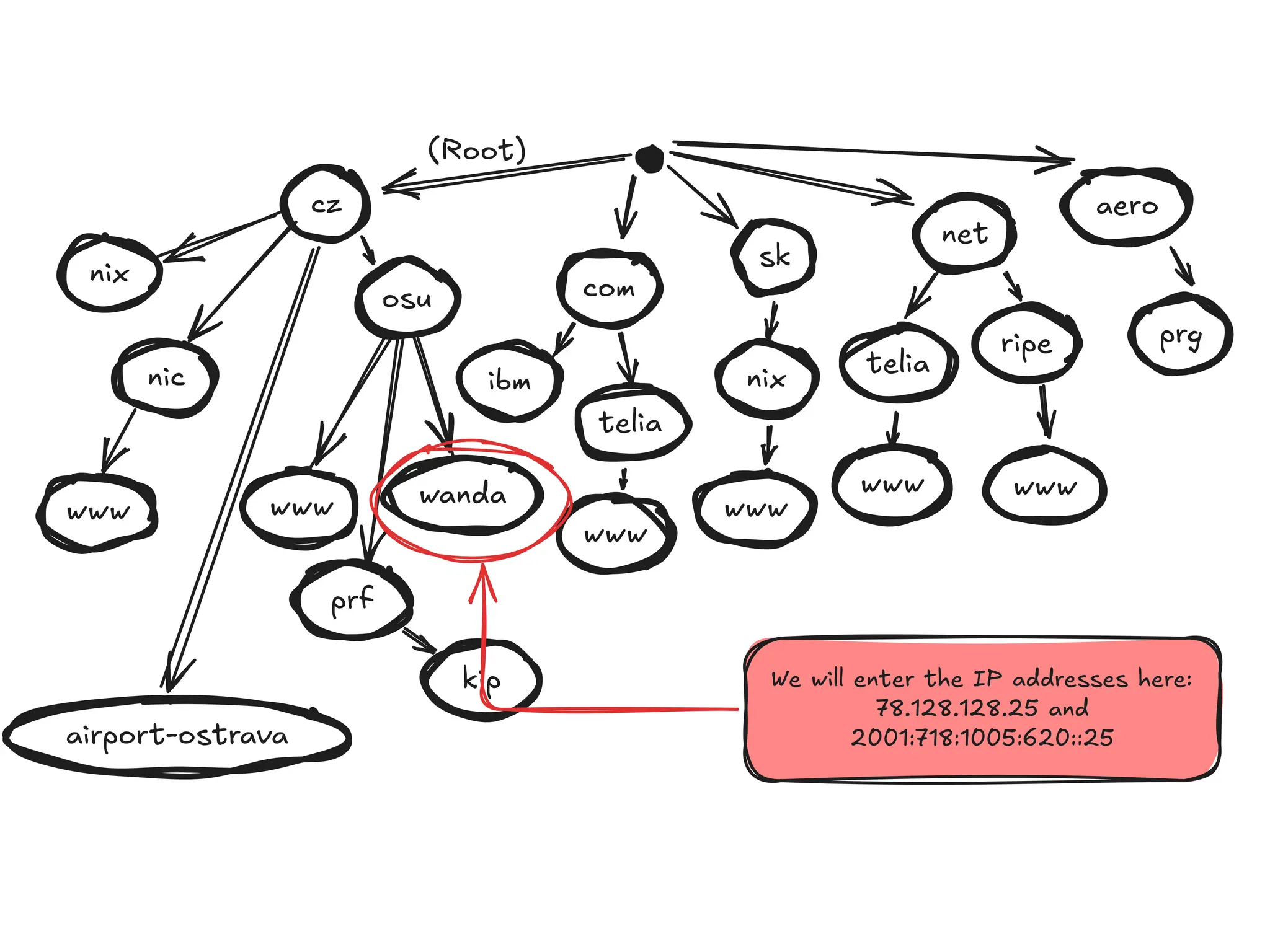 cz
(Root)
We will enter the IP addresses here:
78.128.128.25 and
2001:718:1005:620::25
com
sk
net
aero
prg
airport-ostrava
osu
www
nic
www
prf
kip
ripe
wanda
ibm
telia
telia
www
www www
nix
nix
www
 