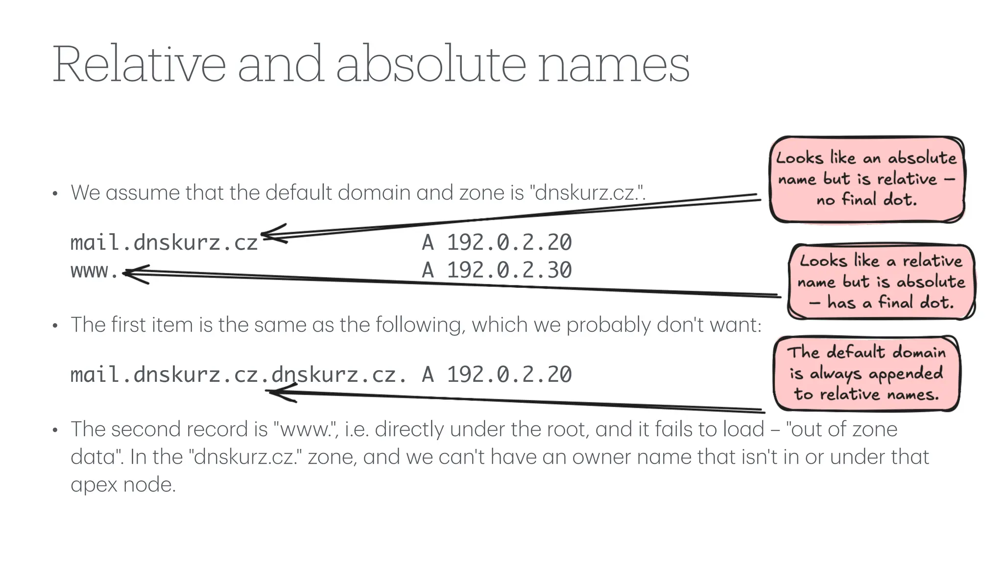 Relative and absolute names
• We
a
ssume th
a
t the def
a
ult dom
a
in
a
nd zone is "dnskurz.cz.".
mail.dnskurz.cz A 192.0.2.20
www. A 192.0.2.30
• The
f
irst item is the s
a
me
a
s the following, which we prob
a
bly don't w
a
nt:
mail.dnskurz.cz.dnskurz.cz. A 192.0.2.20
• The second record is "www.", i.e. directly under the root,
a
nd it f
a
ils to lo
a
d – "out of zone
d
a
t
a
". In the "dnskurz.cz." zone,
a
nd we c
a
n't h
a
ve
a
n owner n
a
me th
a
t isn't in or under th
a
t
a
pex node.
 