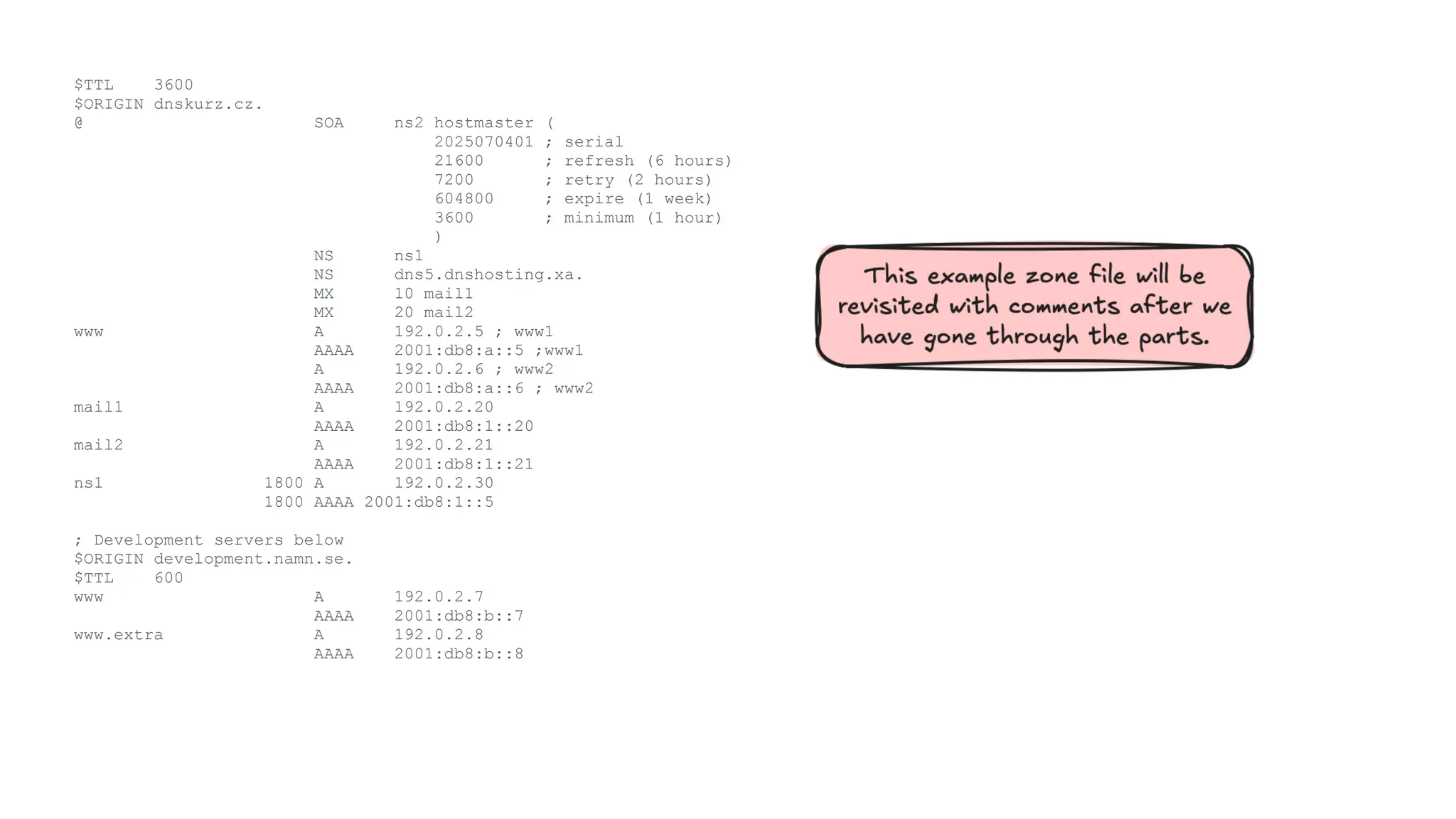 $TTL 3600
$ORIGIN dnskurz.cz.
@ SOA ns2 hostmaster (
2025070401 ; serial
21600 ; refresh (6 hours)
7200 ; retry (2 hours)
604800 ; expire (1 week)
3600 ; minimum (1 hour)
)
NS ns1
NS dns5.dnshosting.xa.
MX 10 mail1
MX 20 mail2
www A 192.0.2.5 ; www1
AAAA 2001:db8:a::5 ;www1
A 192.0.2.6 ; www2
AAAA 2001:db8:a::6 ; www2
mail1 A 192.0.2.20
AAAA 2001:db8:1::20
mail2 A 192.0.2.21
AAAA 2001:db8:1::21
ns1 1800 A 192.0.2.30
1800 AAAA 2001:db8:1::5
; Development servers below
$ORIGIN development.namn.se.
$TTL 600
www A 192.0.2.7
AAAA 2001:db8:b::7
www.extra A 192.0.2.8
AAAA 2001:db8:b::8
 