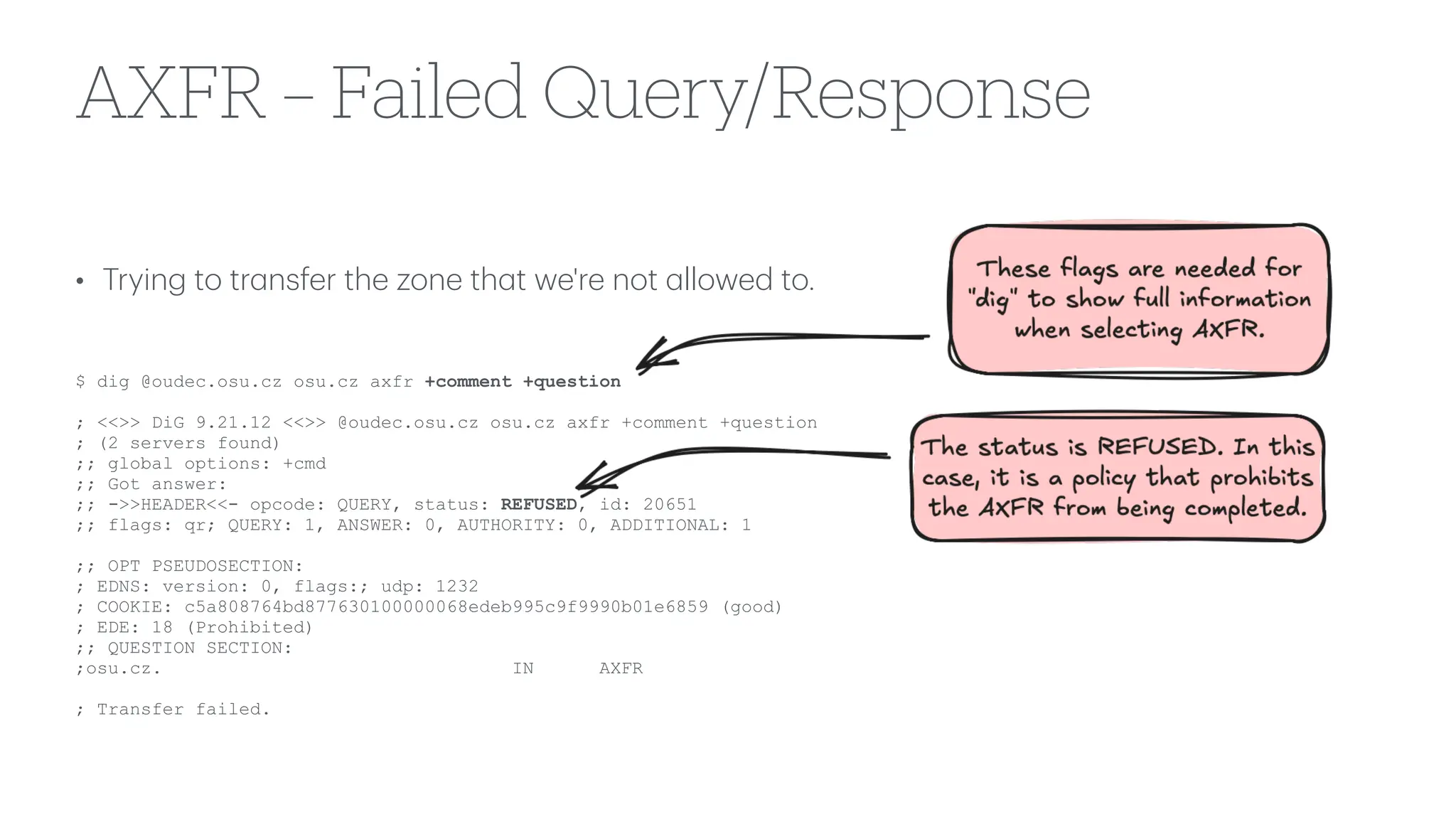 AXFR – Failed Query/Response
• Trying to tr
a
nsfer the zone th
a
t we're not
a
llowed to.
$ dig @oudec.osu.cz osu.cz axfr +comment +question
; <<>> DiG 9.21.12 <<>> @oudec.osu.cz osu.cz axfr +comment +question
; (2 servers found)
;; global options: +cmd
;; Got answer:
;; ->>HEADER<<- opcode: QUERY, status: REFUSED, id: 20651
;; flags: qr; QUERY: 1, ANSWER: 0, AUTHORITY: 0, ADDITIONAL: 1
;; OPT PSEUDOSECTION:
; EDNS: version: 0, flags:; udp: 1232
; COOKIE: c5a808764bd877630100000068edeb995c9f9990b01e6859 (good)
; EDE: 18 (Prohibited)
;; QUESTION SECTION:
;osu.cz. IN AXFR
; Transfer failed.
 