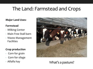 The Land: Farmstead and Crops
Major Land Uses:
Farmstead
• Milking Center
• Main Free Stall barn
• Waste Management
Facilities
Crop production
• Corn for grain
• Corn for silage
• Alfalfa hay What’sapasture?
 