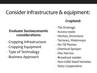 Consider infrastructure & equipment:
Evaluate Socioeconomic
considerations:
• Cropping Infrastructure
• Cropping Equipment
• Type of Technology
• Business Approach
Cropland:
• Tile Drainage
• Access roads
• Ditches, Diversions
• Terraces, Waterways
• No Till Planter
• Chemical Sprayer
• Disc harrow
• Broadcast seeder
• Non-GMO Seed Varieties
• Dairy Cooperative
 