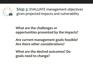 1
2
34
5
Step 3: EVALUATE management objectives
given projected impacts and vulnerability
What are the challenges or
opportunities presented by the impacts?
Are current management goals feasible?
Are there other considerations?
What are the desired outcomes? Do
goals need to change?
 