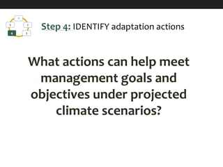 1
2
34
5
Step 4: IDENTIFY adaptation actions
What actions can help meet
management goals and
objectives under projected
climate scenarios?
 