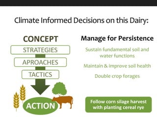 Follow corn silage harvest
with planting cereal rye
Manage for Persistence
Sustain fundamental soil and
water functions
Maintain & improve soil health
Double crop forages
Climate Informed Decisions on this Dairy:
 