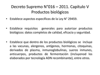 Decreto Supremo N°016 – 2011. Capítulo V
Productos biológicos
• Establece aspectos específicos de la Ley N° 29459.
• Establece requisitos generales para autorizar productos
biológicos: datos completos de calidad, eficacia y seguridad.
• Establece que dentro de los productos biológicos se incluye
a las vacunas, alergenos, antígenos, hormonas, citoquinas,
derivados de plasma, inmunoglobulinas, sueros inmunes,
anticuerpos, productos de fermentación (incluyenod los
elaborados por tecnología ADN recombinante), entre otros.

 