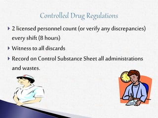  2 licensedpersonnelcount (or verify any discrepancies)
every shift(8 hours)
 Witnessto alldiscards
 Record on Control SubstanceSheet all administrations
and wastes.
 