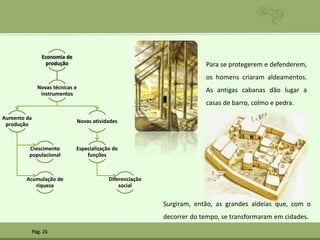 Economia de
produção
Novas técnicas e
instrumentos
Aumento da
produção
Crescimento
populacional
Acumulação de
riqueza
Novas atividades
Especialização de
funções
Diferenciação
social
Pág. 25
Para se protegerem e defenderem,
os homens criaram aldeamentos.
As antigas cabanas dão lugar a
casas de barro, colmo e pedra.
Surgiram, então, as grandes aldeias que, com o
decorrer do tempo, se transformaram em cidades.
 