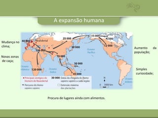 A expansão humana
Simples
curiosidade;
Mudança no
clima;
Novas zonas
de caça;
Procura de lugares ainda com alimentos.
Aumento da
população;
 
