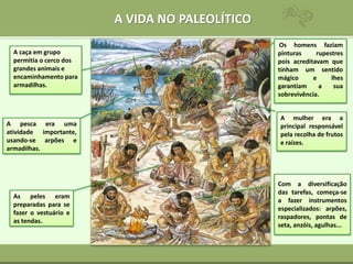 A VIDA NO PALEOLÍTICO
Os homens faziam
pinturas rupestres
pois acreditavam que
tinham um sentido
mágico e lhes
garantiam a sua
sobrevivência.
A mulher era a
principal responsável
pela recolha de frutos
e raízes.
As peles eram
preparadas para se
fazer o vestuário e
as tendas.
A pesca era uma
atividade importante,
usando-se arpões e
armadilhas.
A caça em grupo
permitia o cerco dos
grandes animais e
encaminhamento para
armadilhas.
Com a diversificação
das tarefas, começa-se
a fazer instrumentos
especializados: arpões,
raspadores, pontas de
seta, anzóis, agulhas...
 