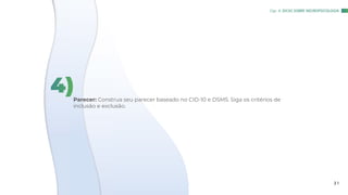 Parecer: Construa seu parecer baseado no CID-10 e DSM5. Siga os critérios de
inclusão e exclusão.
4)
Cap. 4: DICAS SOBRE NEUROPSICOLOGIA
2 1
 