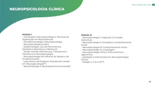 Módulo I
- Introdução à Neuropsicologia e Técnicas de
Exploração em Neurociências
- Psicofarmacologia e Neuropsicologia
- Neuropsicologia jurídica
- Epidemiologia: Uso da Psicométrica,
Estatística Descritiva e Inferencial
- Saúde mental, Deficiências, Transtornos e
Genética em Neuropsicologia
- Neuropsicologia da Infância, do Adulto e do
Envelhecimento
- Laboratório de Projetos e Estudos de Campo
em Neuropsicologia(**)
- Neurofisiologia e Neuroanatomia funcional(*)
Módulo II:
- Neuropsicologia I: Cognição e Funções
executivas
- Neuropsicologia II: Emoções e comportamento
social
- Neuropsicologia III: Comportamento motor
- Neuropsicologia IV: Linguagem
- Neuropsicologia Clínica: Instrumentos e
algoritmos
- Avaliação e Intervenção em Neuropsicologia
Clínica
- Estágio I, II, III e IV(**)
NEUROPSICOLOGIA CLÍNICA
Recomendação de Cursos
29
 