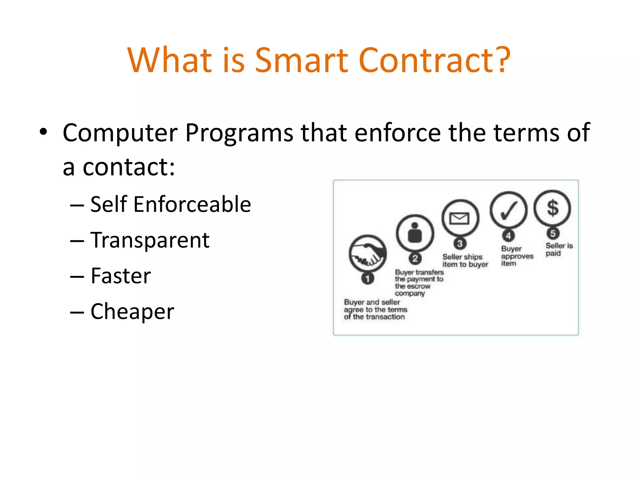 What is Smart Contract?
• Computer Programs that enforce the terms of
a contact:
– Self Enforceable
– Transparent
– Faster
– Cheaper
 