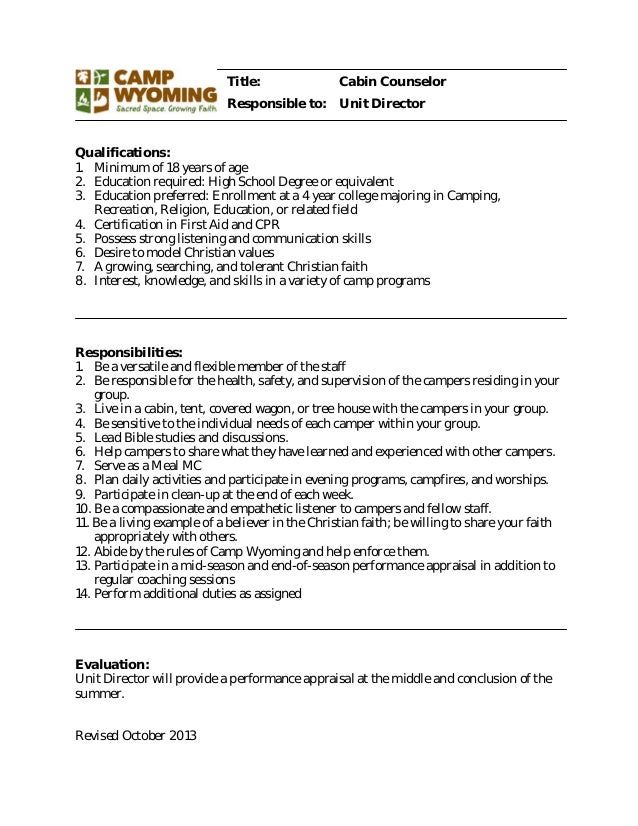 Cabin Counselor Job Description