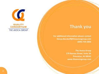 11	
Thank	you	
	
For	addi8onal	informa8on	please	contact	
	Danya.Burakoﬀ@theavocagroup.com	
(609)	759-2856	
	
	
The	Avoca	Group	
179	Nassau	Street,	Suite	3A	
Princeton,	NJ	08542	
www.theavocagroup.com	
 
