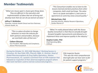 5	
Member	Tes8monials	
“What	sets	Avoca	apart	is	Avoca	gets	things	done.	
They	are	eﬃcient	in	the	execu9on	and	
implementa9on	of	ideas	that	we	all	bring	and	
develop	tools	that	we	can	all	use	and	are	of	value.”	
	
Jeﬀrey	P.	McMullen	
Chairman,	inVen9v	Health	Clinical	and	Vice	Chairman,		
inVen9v	Health,	Inc.	
“This	is	a	place	of	ac9on	to	change	
behaviors	to	move	the	industry	for	
both	sponsors	and	providers,	because	
we	need	both	sides	of	that	coin.”	
	
Colleen	Glessner	
Vice	President,	R&D	Quality	and	Compliance,		
Alexion	Pharmaceu9cals 		
“What	I’m	really	pleased	about	with	the	Avoca	
Quality	Consor9um	is	that	they’ve	actually	brought	
forward	tangible	improvements	and	allowed	us	to	
implement	these	and	improve	quality	in	the	industry.”	
	
Stephen	Cutler,	PhD	
Chief	Opera9ng	Oﬃce,		
ICON	plc	
“This	Consor9um	enables	me	to	listen	to	the	
lessons	learned	and	best	prac9ces	from	other	
companies,	both	small	and	large.	The	value	
here	is	to	speak	and	deﬁne	it,	and	come	to	
agreement	on	some	key	areas	around	quality.”	
	
Mitchell	Katz,	PhD	
Execu9ve	Director,	Medical	Research	Opera9ons,		
Purdue	Pharma	LP	
During	the	October	21,	2015	AQC	Members’	Working	Session	in	
Princeton,	NJ,	Ravi	Patel,	RPh,	PharmD,	MBA,	Sr.	Director,	Head	of	
Global	Pharmacovigilance	&	Drug	Safety	Opera9ons,	Alexion	
Pharmaceu.cals,	Inc.	quoted	a	comment	from	an	FDA	inspector	that	
followed	an	inspec.on	of	their	pharmacovigilance	program	where	
AQC	tools	had	been	used	to	oversee	outsourced	programs…	
FDA	Inspector	Quote:			
“This	was	the	most	comprehensive	
Oversight	plan	we	have	seen	so	far	
for	pa9ent	support	programs.”	
 