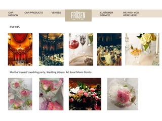 EVENTS	
  
Martha	
  Stewart’s	
  wedding	
  party,	
  Wedding	
  Library,	
  Art	
  Basel	
  Miami	
  Florida	
  
	
  	
  
WE WISH YOU
WERE HERE
OUR
MISSION
OUR PRODUCTS VENUES CUSTOMER
SERVICE
 