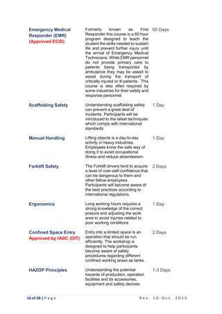 16 of 28 | P a g e R e v . 1 0 - O c t . 2 0 1 5
Emergency Medical
Responder (EMR)
(Approved ECSI)
Formerly known as First
Responder this course is a 60 hour
program designed to teach the
student the skills needed to sustain
life and prevent further injury until
the arrival of Emergency Medical
Technicians. While EMR personnel
do not provide primary care to
patients being transported by
ambulance they may be asked to
assist during the transport of
critically injured or ill patients. This
course is also often required by
some industries for their safety and
response personnel.
05 Days
Scaffolding Safety Understanding scaffolding safety
can prevent a great deal of
incidents. Participants will be
introduced to the latest techniques
which comply with international
standards
1 Day
Manual Handling Lifting objects is a day-to-day
activity in heavy industries.
Employees know the safe way of
doing it to avoid occupational
illness and reduce absenteeism.
1 Day
Forklift Safety The Forklift drivers tend to acquire
a level of over-self-confidence that
can be dangerous to them and
other fellow employees.
Participants will become aware of
the best practices according to
international regulations.
2 Days
Ergonomics Long working hours requires a
strong knowledge of the correct
posture and adjusting the work
area to avoid injuries related to
poor working conditions
1 Day
Confined Space Entry
Approved by IADC (DIT)
Entry into a limited space is an
operation that should be run
efficiently. The workshop is
designed to help participants
become aware of safety
procedures regarding different
confined working areas as tanks.
2 Days
HAZOP Principles Understanding the potential
hazards of production, operation
facilities and its accessories,
equipment and safety devices.
1-3 Days
 